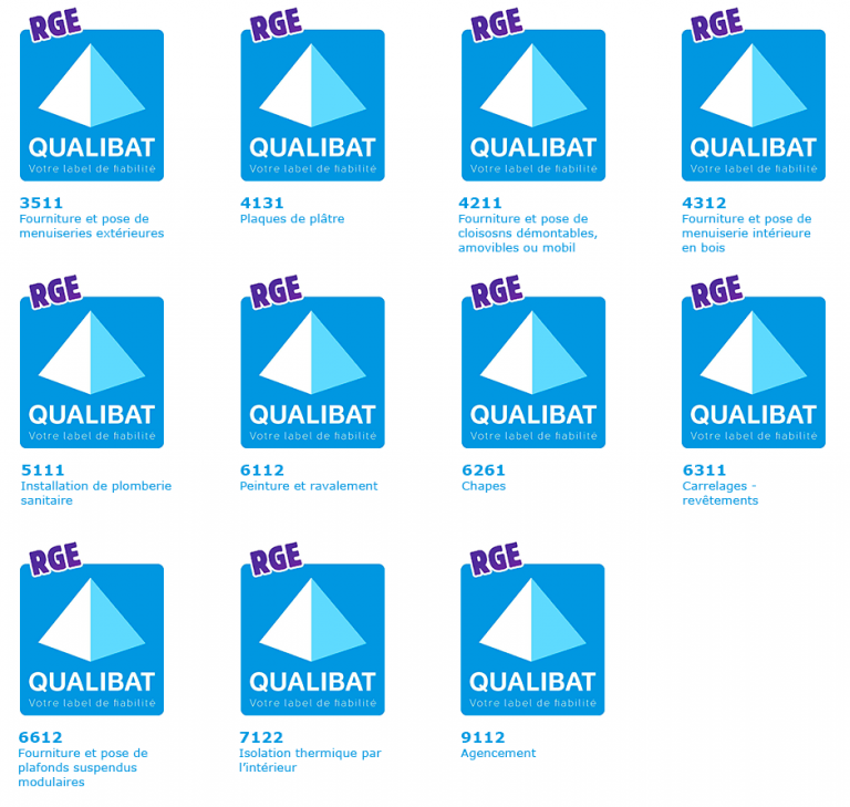 Qualibat 3511 - Qualibat 4131 - Qualibar 4211 - Qualibat 4312 - Qualibat 5111 - Qualibat 6112 - Qualibat 6261 - Qualibat 6311 - Qualibat 6612 - Qualibat 7122 - Qualibat 9112